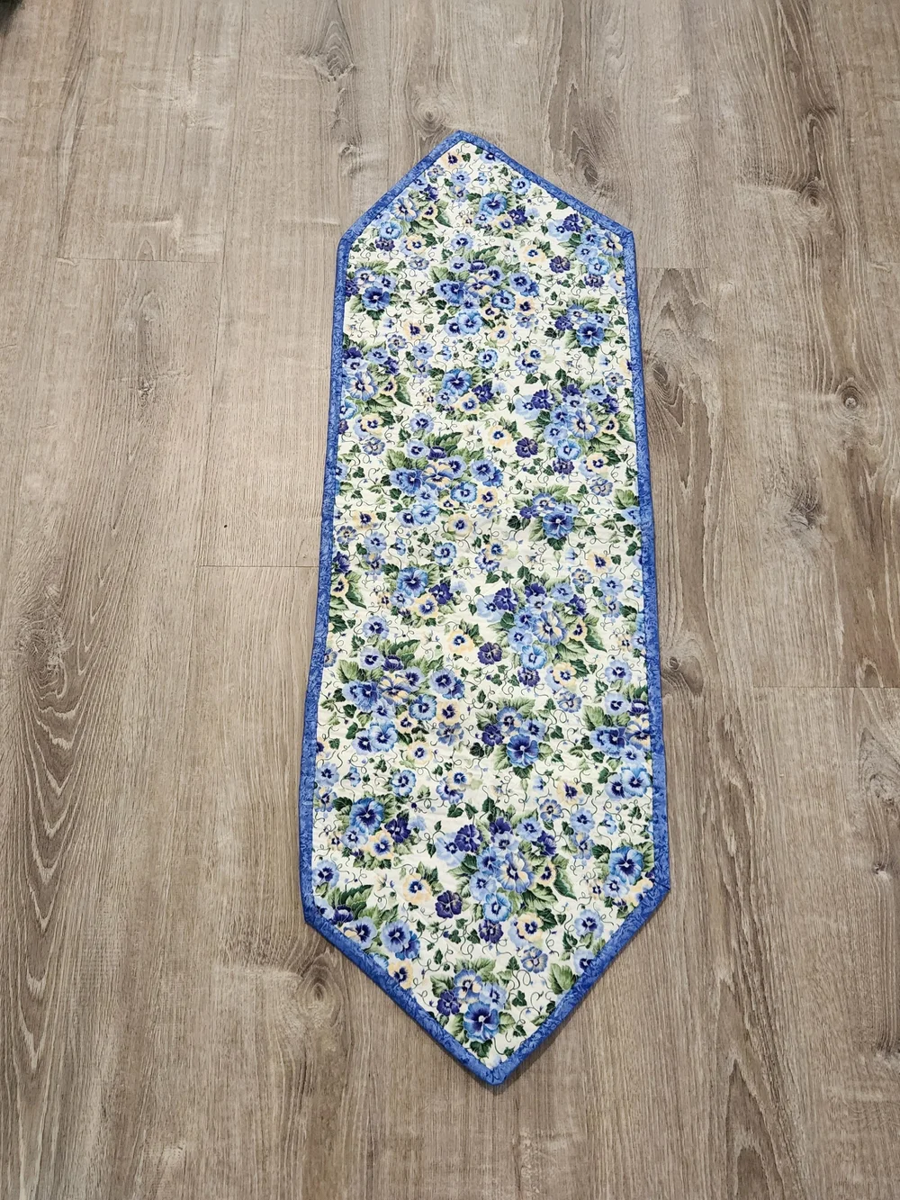 Handcrafted Blue & White Floral Quilted Reversible Table Runner with Pansies